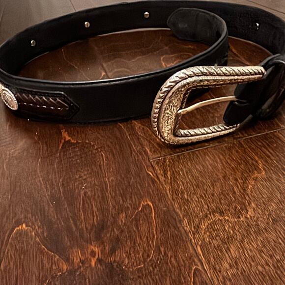 Tony Lama Mens Black Leather Western Buckle Belt Engraved Adjustable Sz 34
